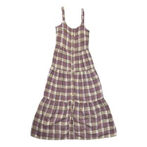 Indi & Cold San Sebastian Hemp Linen Plaid Midi Dress Purple  XS Cottage Coastal